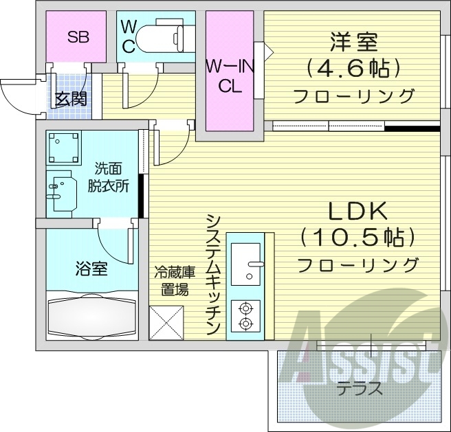 1LDK、エアコン、都市ガス、システムキッチン