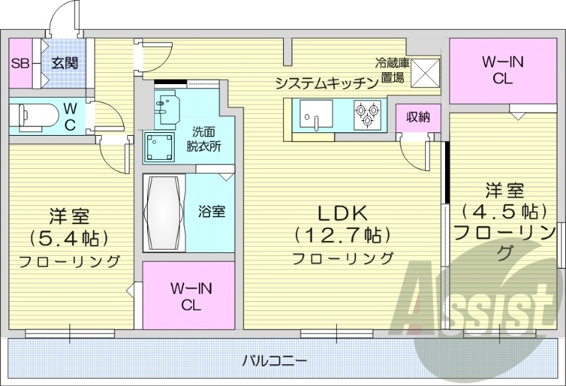 2LDK、エアコン、都市ガス、浴室乾燥機、システムキッチン