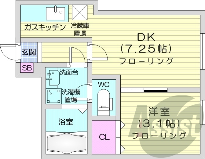 1DK、バストイレ別、室内洗濯機置場、独立洗面台