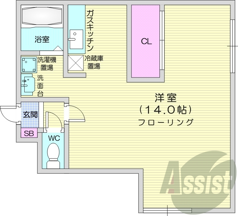 1LDK、洗髪洗面化粧台、ガスキッチン、シューズボックス