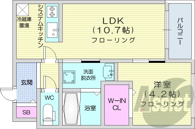 1LDK、エアコン、灯油暖房、システムキッチン