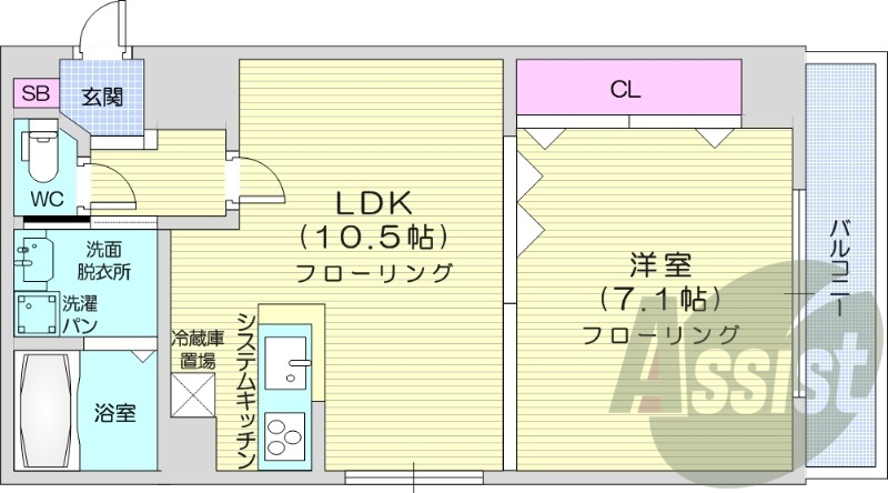 1LDK、IHシステムキッチン、シャワートイレ、独立洗面台