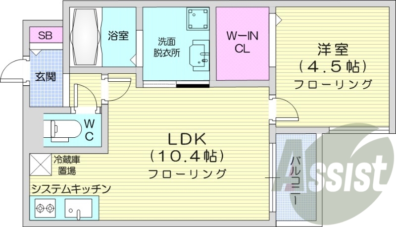 1LDK、エアコン、灯油暖房、システムキッチン