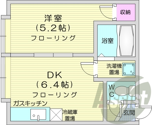 1DK、バストイレ別、インターホン、暖房灯油FF