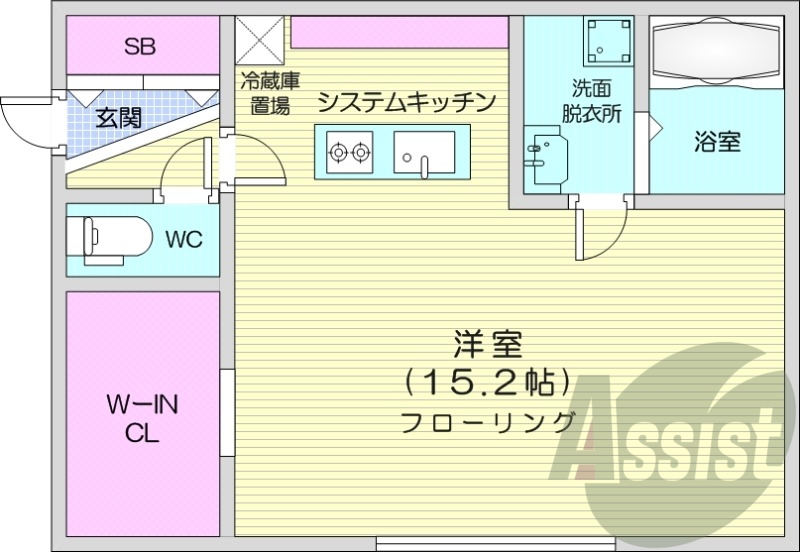 1R、エアコン、都市ガス、システムキッチン、追い焚き