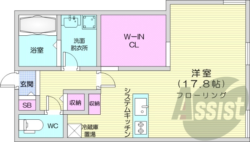 1R、エアコン、都市ガス、システムキッチン、追い焚き