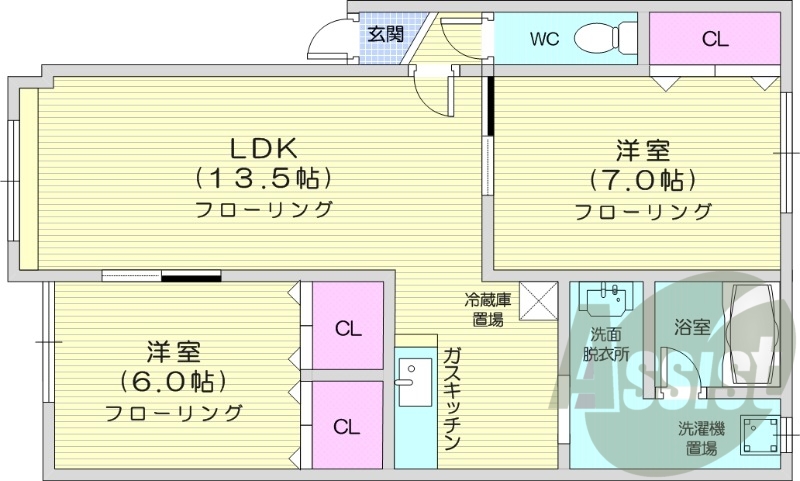 2LDK、エアコン、独立洗面台、ガスキッチン