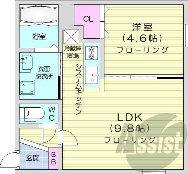 1LDK、都市ガス、エアコン、システムキッチン