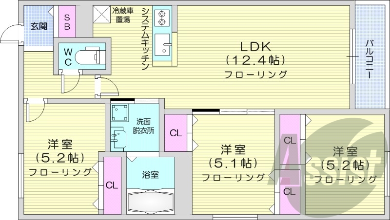 3LDK、都市ガス、エアコン、システムキッチン