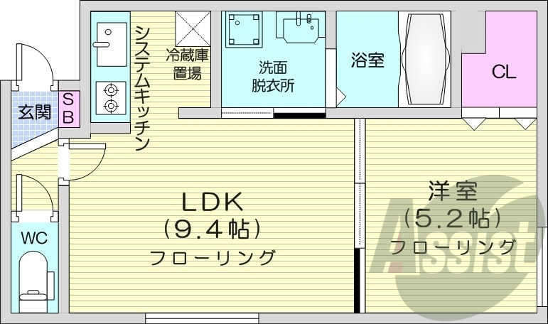 1LDK、都市ガス、エアコン、システムキッチン