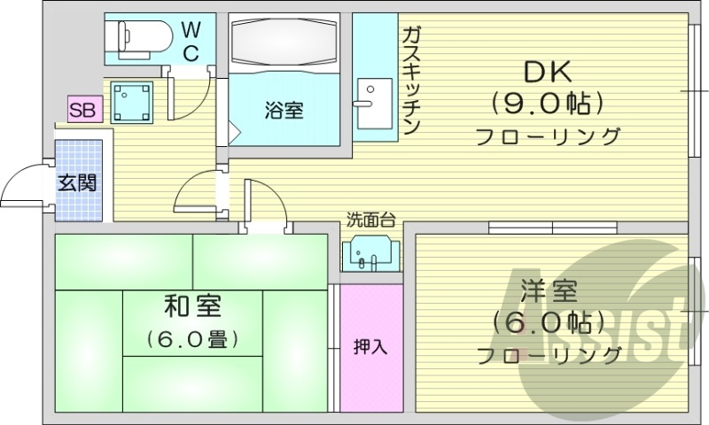 2DK、灯油暖房、ペット可、シャワートイレ