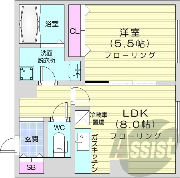 1LDK、オートロック、角部屋、天然ガス、バストイレ別