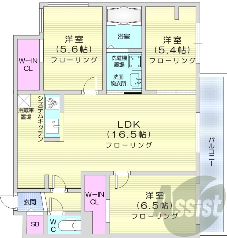 3LDK、都市ガス、エアコン、システムキッチン