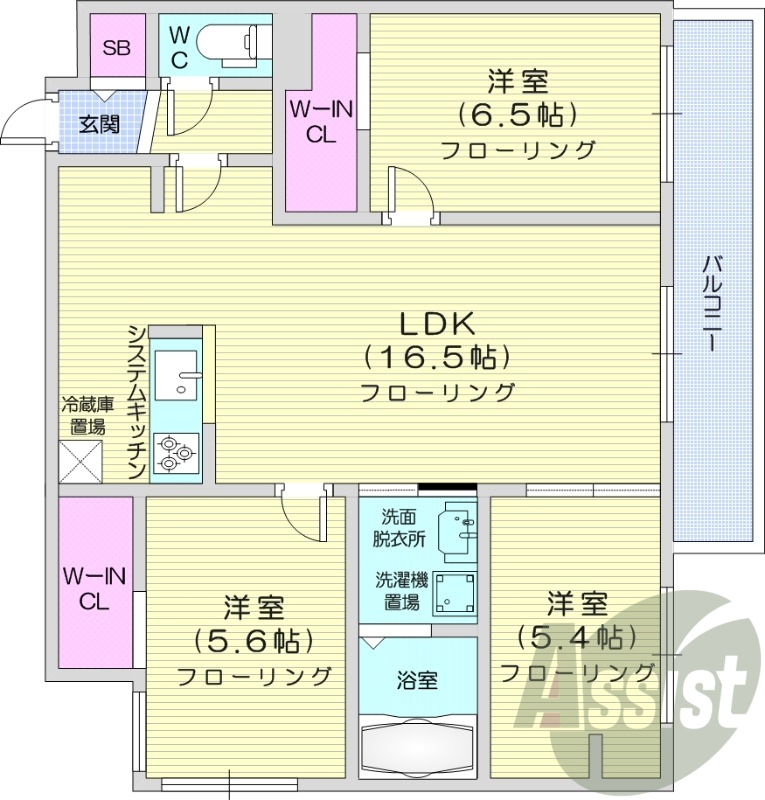3LDK、都市ガス、エアコン、システムキッチン