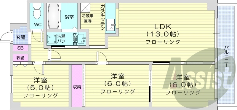 3LDK、バストイレ別、シャンドレ、エレベーター