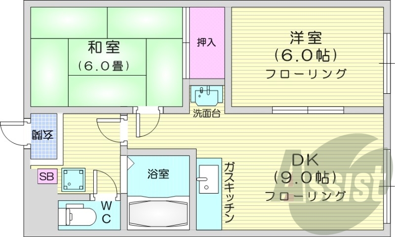 2DK、灯油暖房、ペット可、シャワートイレ