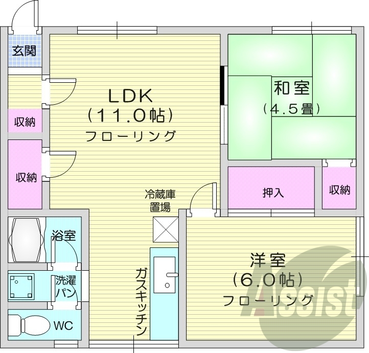 2LDK、灯油暖房、角部屋、バストイレ別