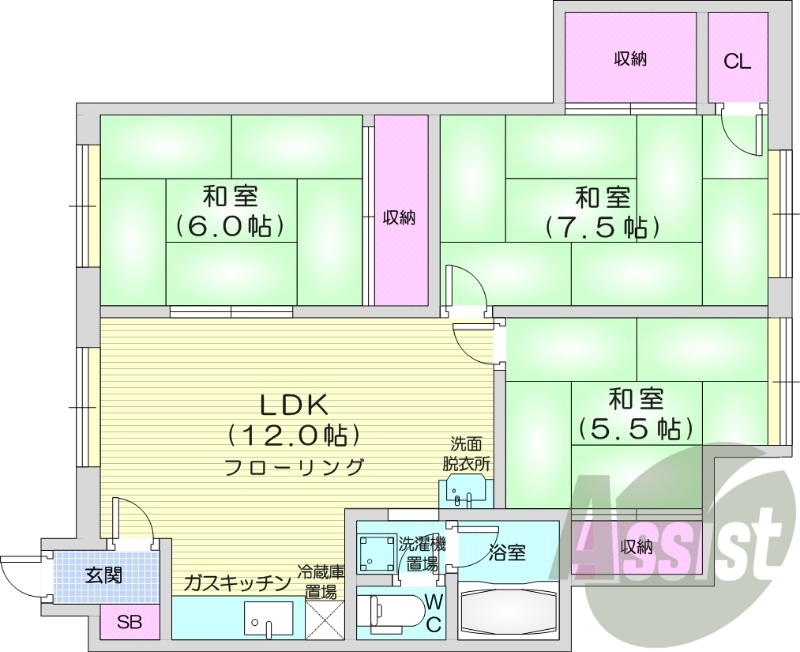 3LDK、独立洗面台、角部屋、最上階、バストイレ別