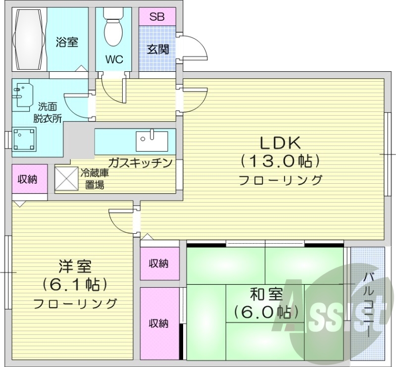 2LDK、トランクルーム、灯油暖房、バストイレ別