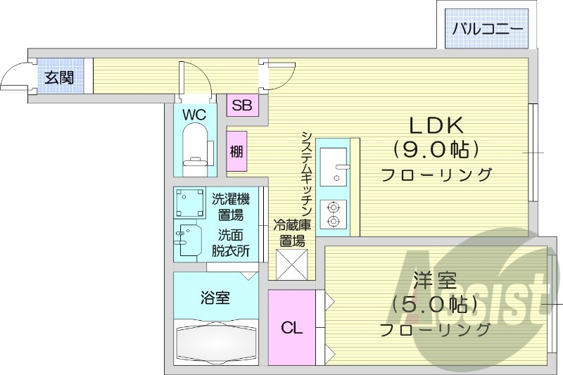 1LDK、オートロック、バストイレ別、浴室TV