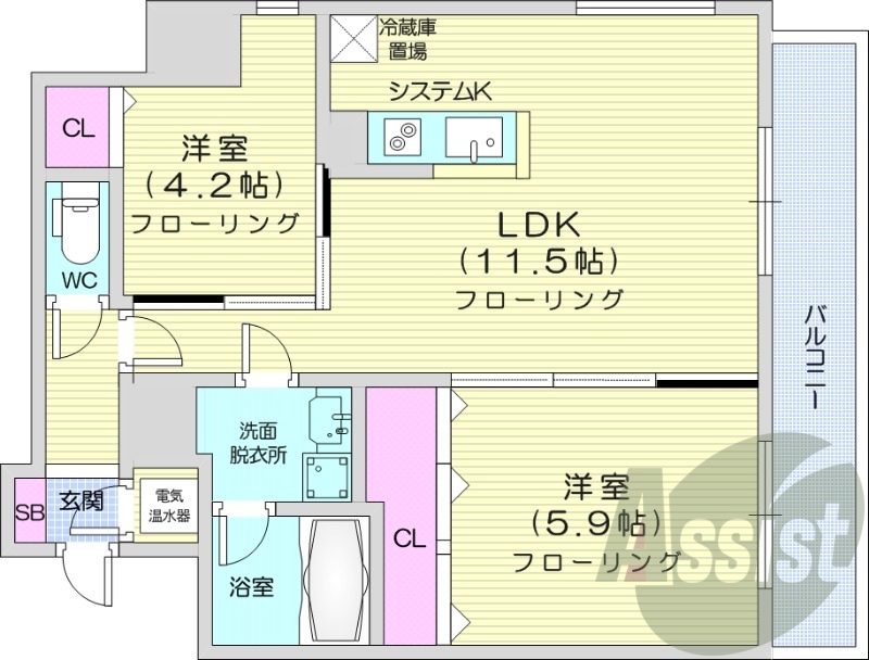2LDK、バストイレ別、バルコニー、クローゼット、オール電化