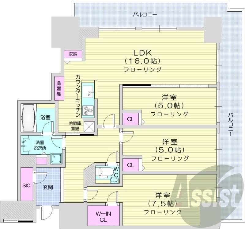 3LDK、都市ガス、追い焚き、浴室乾燥機、システムキッチン