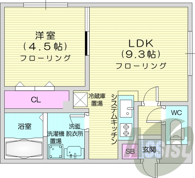 1LDK、都市ガス、エアコン、システムキッチン、ネット無料