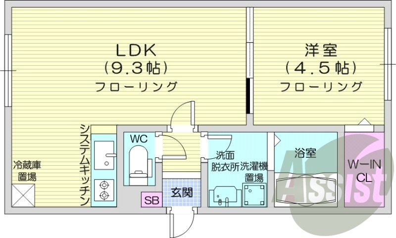 1LDK、都市ガス、エアコン、システムキッチン、ネット無料