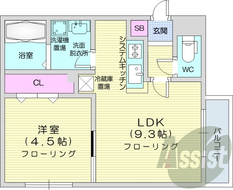 1LDK、都市ガス、エアコン、システムキッチン、ネット無料