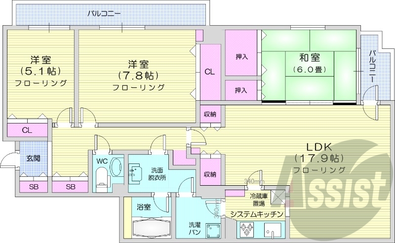 3LDK、エアコン、分譲タイプ、都市ガス