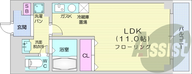 1K、都市ガス、エレベーター、ネット無料