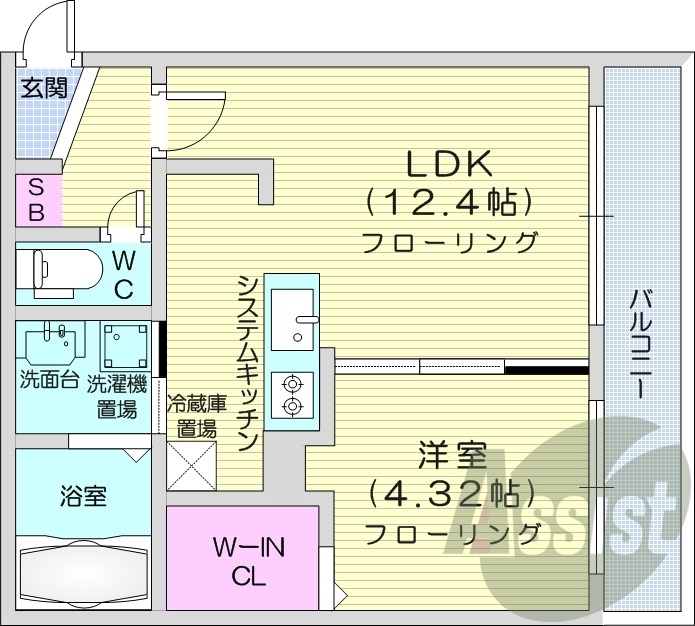 1LDK、エアコン、ネット無料、システムキッチン