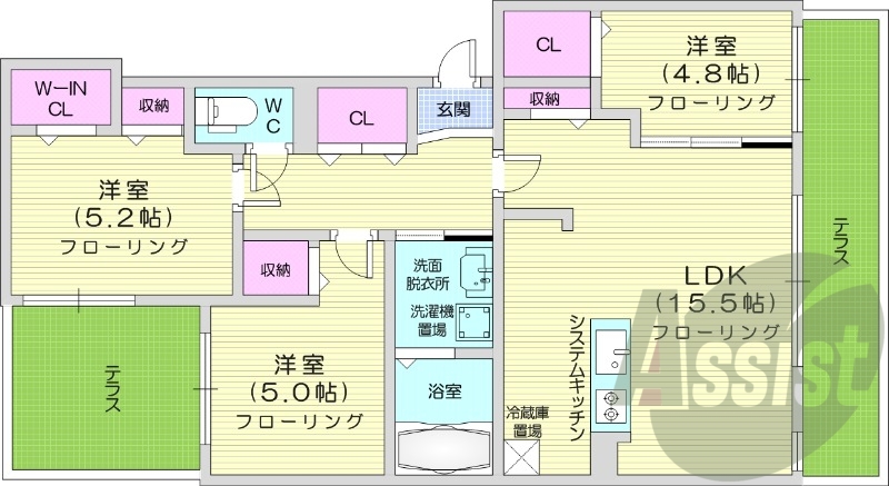 3LDK、エアコン、ネット無料、システムキッチン