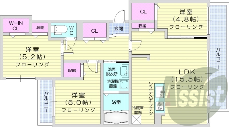 3LDK、エアコン、ネット無料、システムキッチン