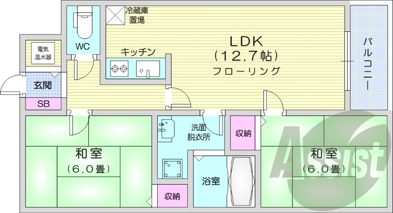 2LDK、オール電化、エレベーター、オートロック