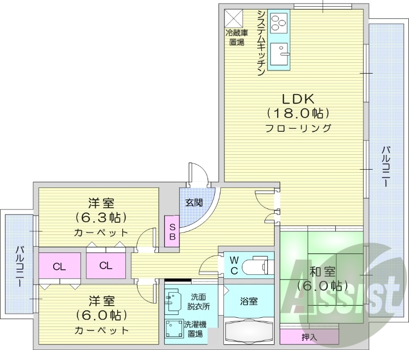 3LDK、エアコン、追い焚き、浴室乾燥機、ネット無料