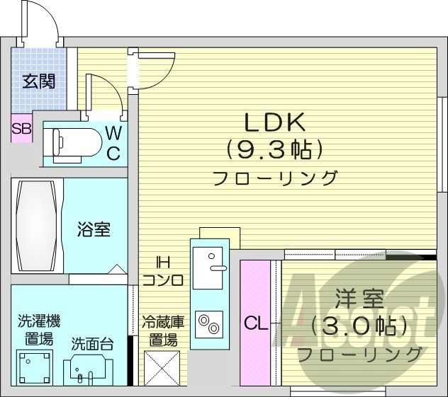 1LDK、角部屋、電気コンロ、独立洗面台、オートロック
