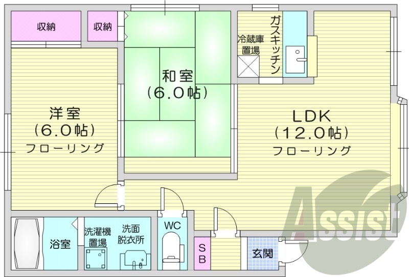 2LDK、都市ガス、トイレ風呂別、独立洗面台、灯油暖房