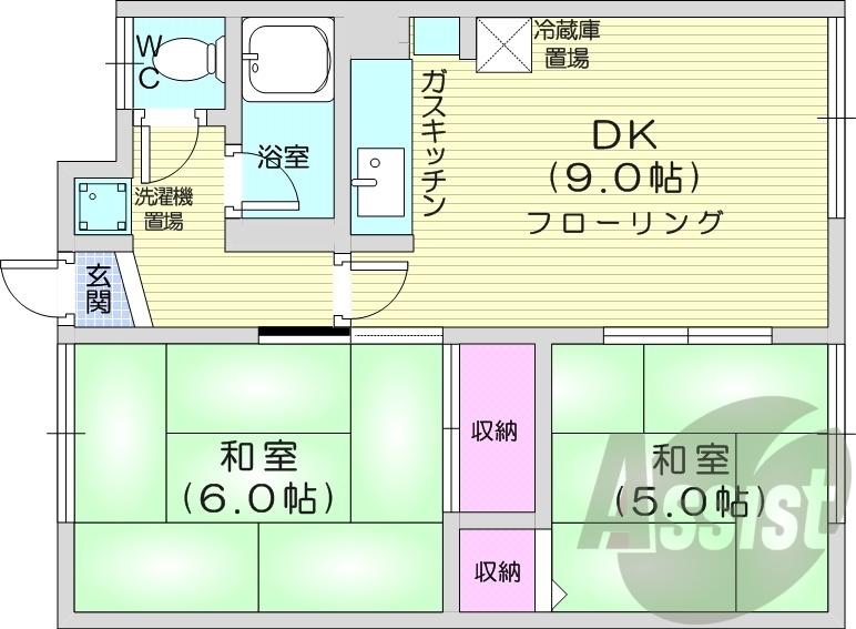 2DK、風呂トイレ別、トランクルーム、灯油暖房