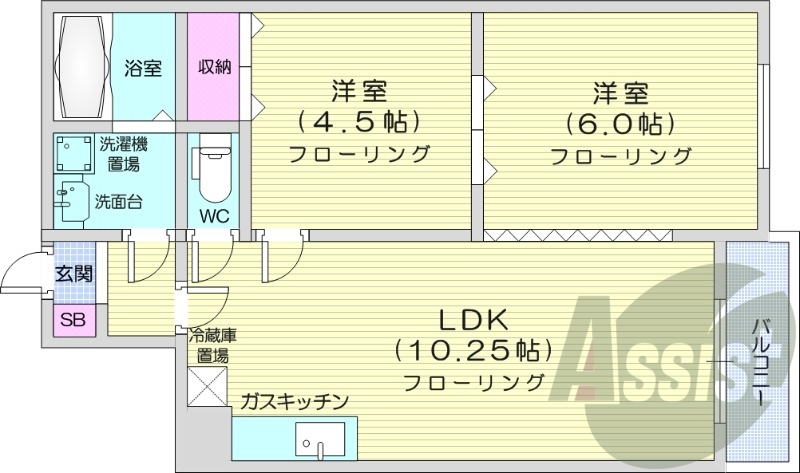 2LDK、独立洗面台、エアコン、バストイレ別