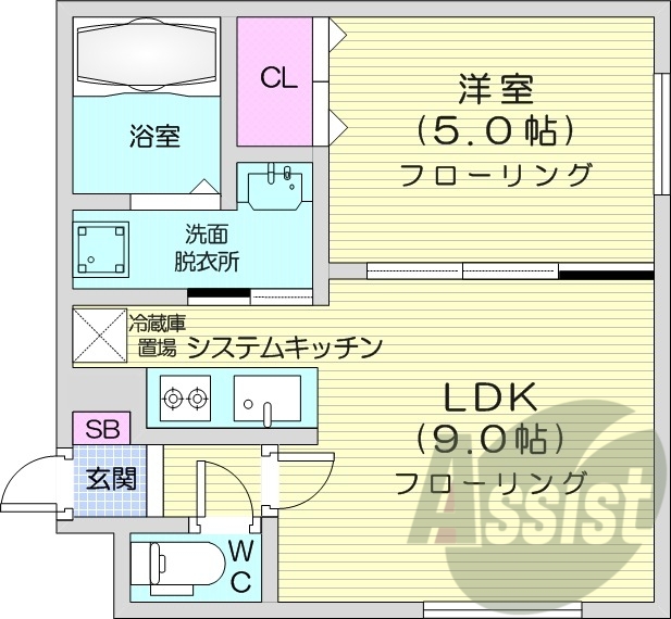 1LDK、エアコン、システムキッチン、独立洗面台