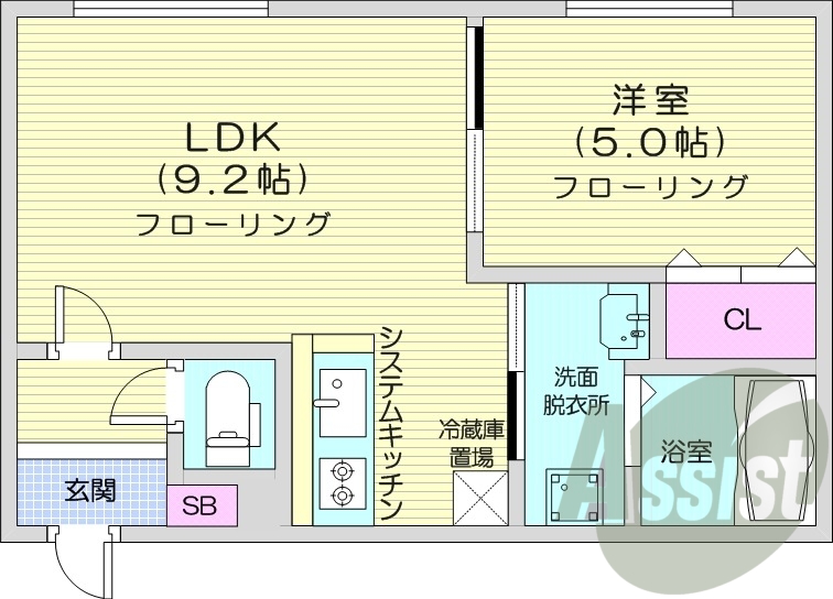 1LDK、エアコン、システムキッチン、独立洗面台