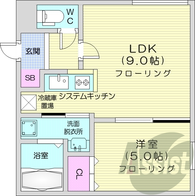 1LDK、エアコン、システムキッチン、独立洗面台