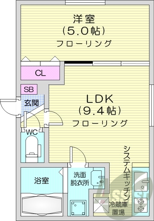 1LDK、エアコン、システムキッチン、独立洗面台