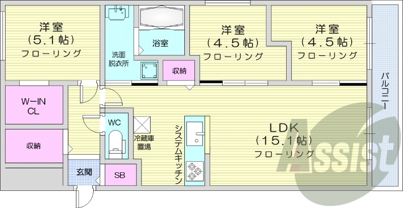 3LDK、都市ガス、エアコン、浴室乾燥機