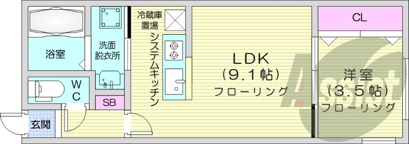 1LDK、エアコン、システムキッチン、ネット無料