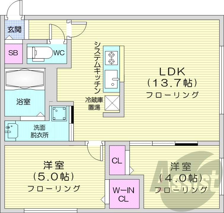 2LDK、エアコン、システムキッチン、ネット無料