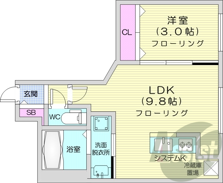1LDK、エアコン、システムキッチン、ネット無料