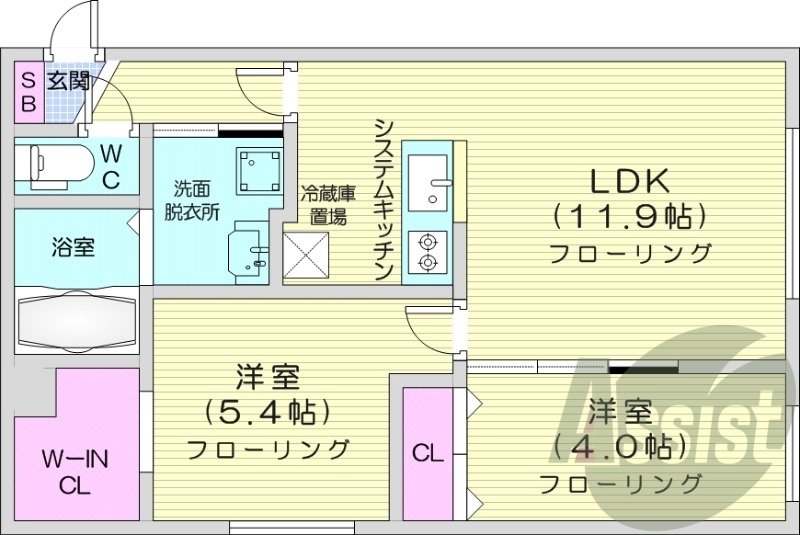 2LDK、エアコン、システムキッチン、ネット無料