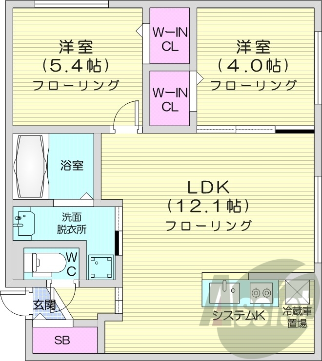 2LDK、エアコン、システムキッチン、ネット無料